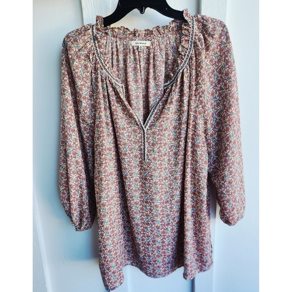 Max Studio Boho Ruffled Collar Tunic Blouse Size 1X 3/4 Sleeve Hippie Peasant - Picture 2 of 10